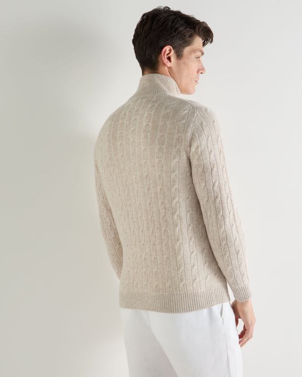 N.Peal Men's Albemarle Cable Half Zip Cashmere Jumper Sand Brown