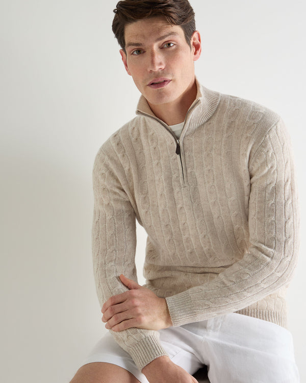 N.Peal Men's Albemarle Cable Half Zip Cashmere Jumper Sand Brown