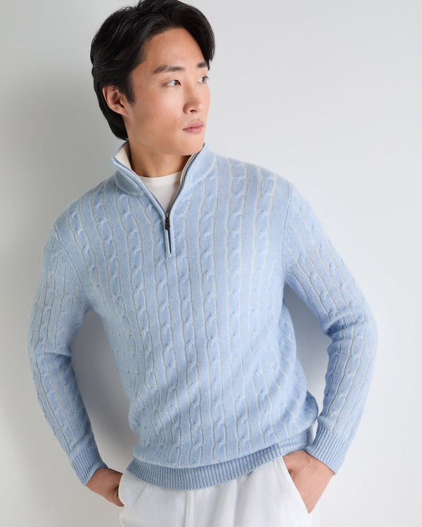 N.Peal Men's Albemarle Cable Half Zip Cashmere Jumper Sea Mist Blue