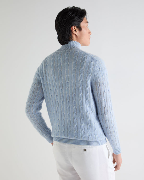 N.Peal Men's Albemarle Cable Half Zip Cashmere Jumper Sea Mist Blue
