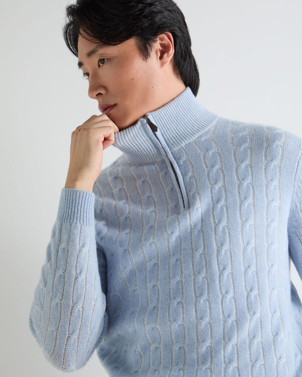 N.Peal Men's Albemarle Cable Half Zip Cashmere Jumper Sea Mist Blue