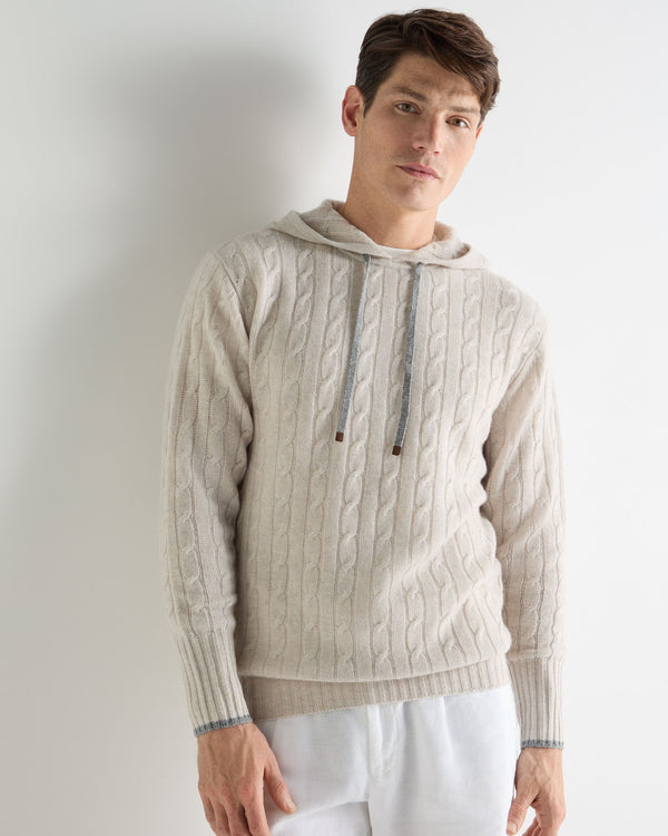 N.Peal Men's Fitzrovia Cable Cashmere Hoodie Pebble Grey