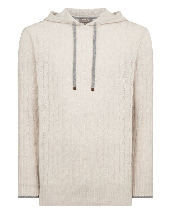 N.Peal Men's Fitzrovia Cable Cashmere Hoodie Pebble Grey