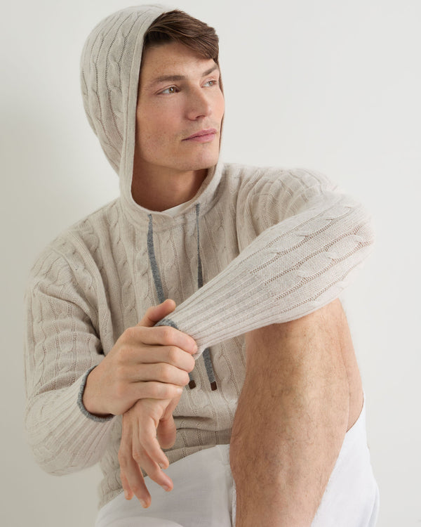 N.Peal Men's Fitzrovia Cable Cashmere Hoodie Pebble Grey