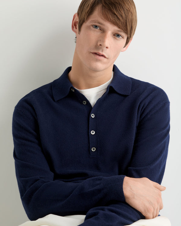 N.Peal Men's Greenwich Cashmere Polo Shirt Deep French Blue