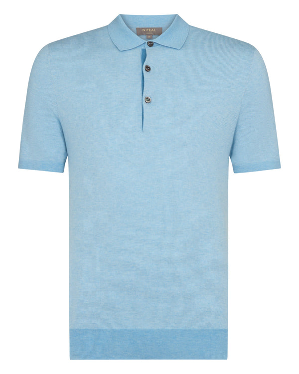 N.Peal Men's Polzeath Cotton Cashmere Polo T-Shirt Cornflower Blue