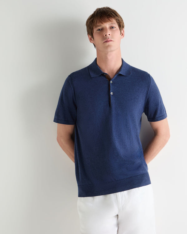 N.Peal Men's Polzeath Cotton Cashmere Polo T-Shirt Dark Denim Blue