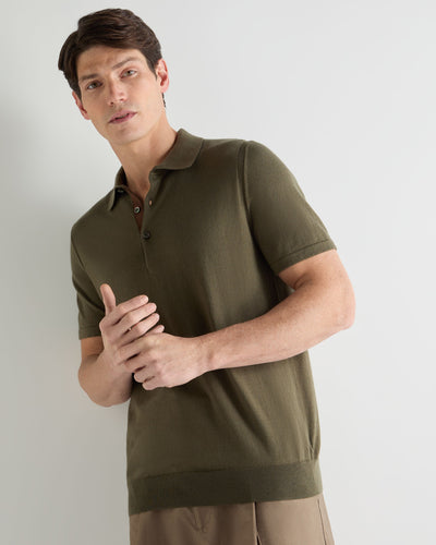 N.Peal Men's Polzeath Cotton Cashmere Polo T-Shirt Khaki Green