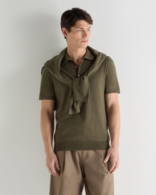 N.Peal Men's Polzeath Cotton Cashmere Polo T-Shirt Khaki Green