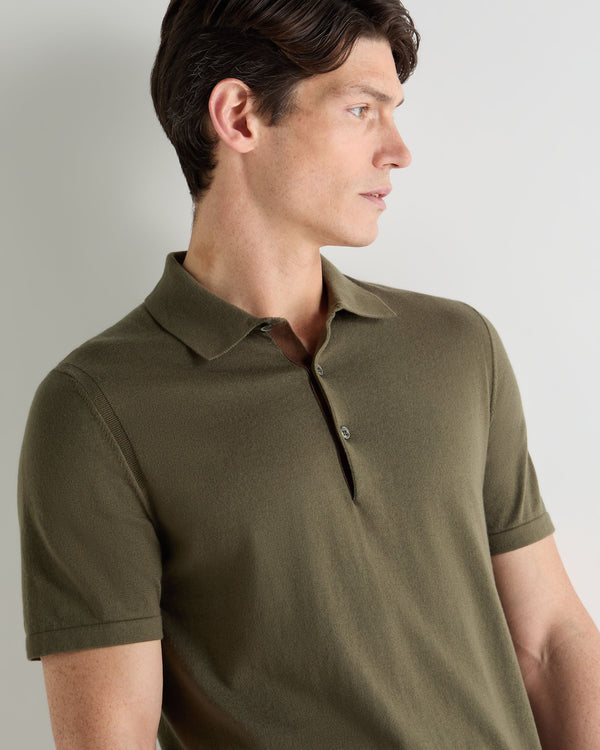 N.Peal Men's Polzeath Cotton Cashmere Polo T-Shirt Khaki Green