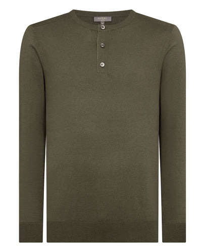 Men's Round Neck Cotton Cashmere Henley Khaki Green