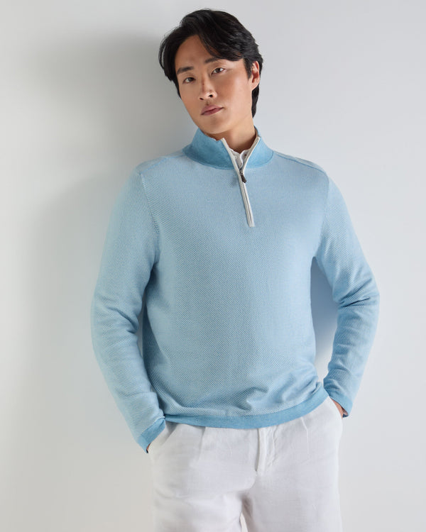 N.Peal Men's Salcombe Jacquard Half Zip Cotton Cashmere Jumper Cornflower Blue