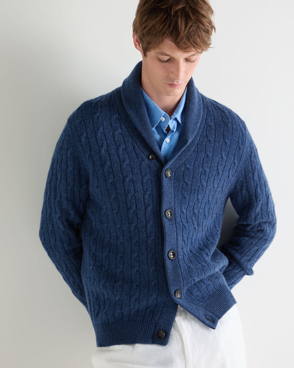 N.Peal Men's Garrick Shawl Cable Cashmere Cardigan Bright Denim Blue