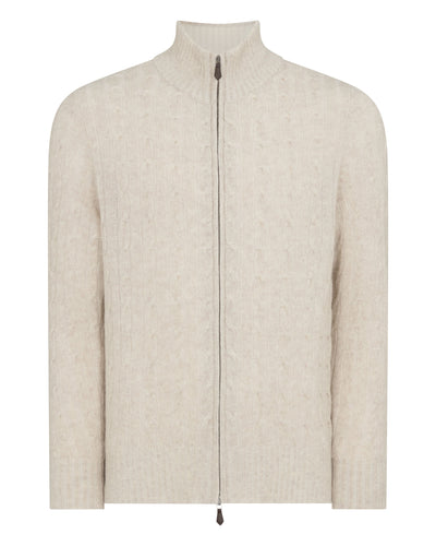 N.Peal Men's Contrast Cable Full Zip Cashmere Jumper Sand Brown