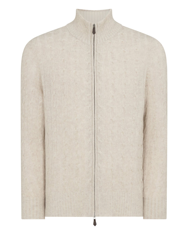 N.Peal Men's Contrast Cable Full Zip Cashmere Jumper Sand Brown