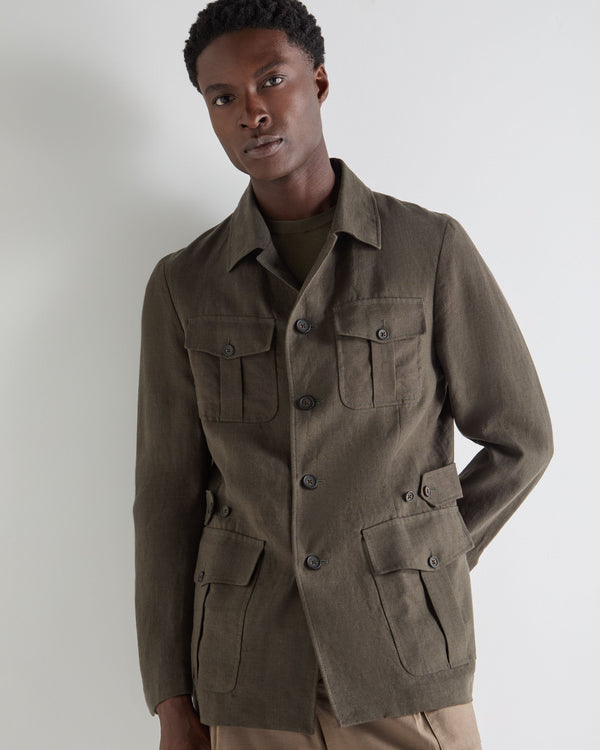 N.Peal Men's Casablanca Linen Jacket Arabica Khaki Green