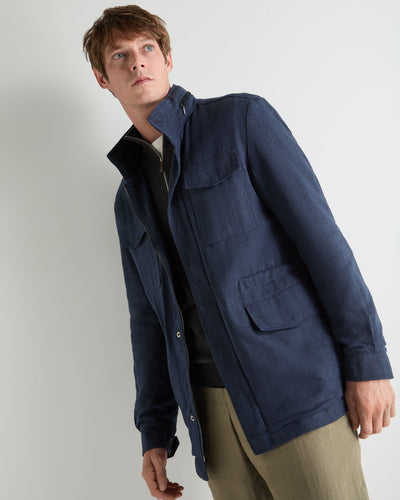 N.Peal Men's Hampton Linen Blend Field Jacket Navy Blue Herringbone