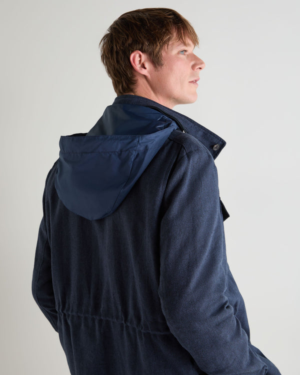 N.Peal Men's Hampton Linen Blend Field Jacket Navy Blue Herringbone