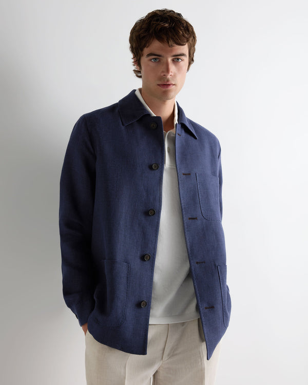 N.Peal Men's Scala Linen Blend Overshirt Navy Blue