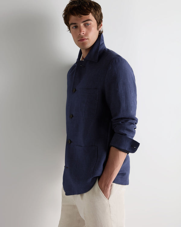N.Peal Men's Scala Linen Blend Overshirt Navy Blue