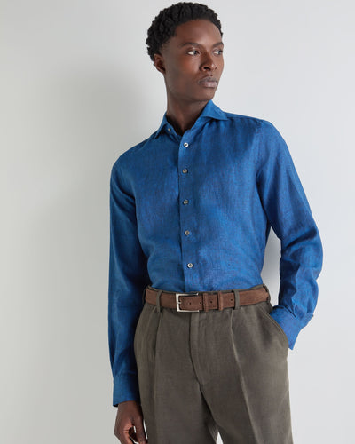 N.Peal Men's Cannes Linen Shirt Petrol Blue