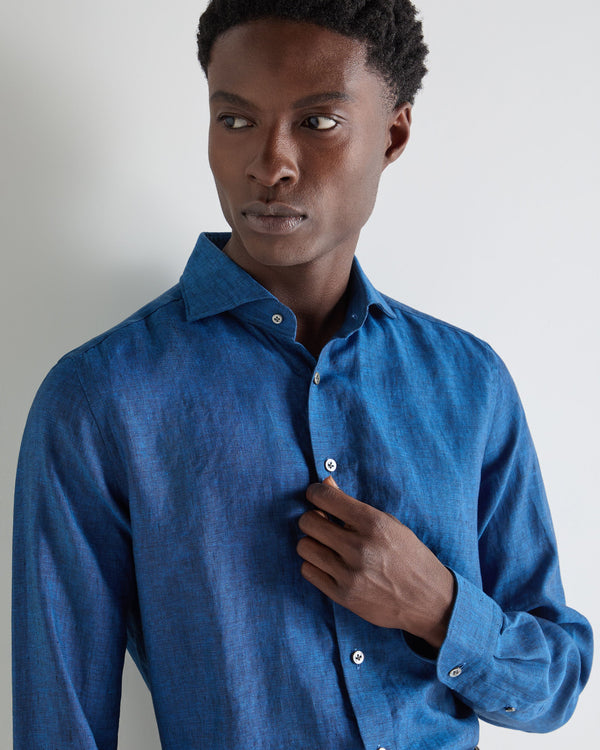 N.Peal Men's Cannes Linen Shirt Petrol Blue