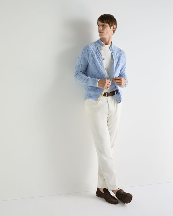 N.Peal Men's Jermyn Cable Full Button Cashmere Cardigan Sea Mist Blue