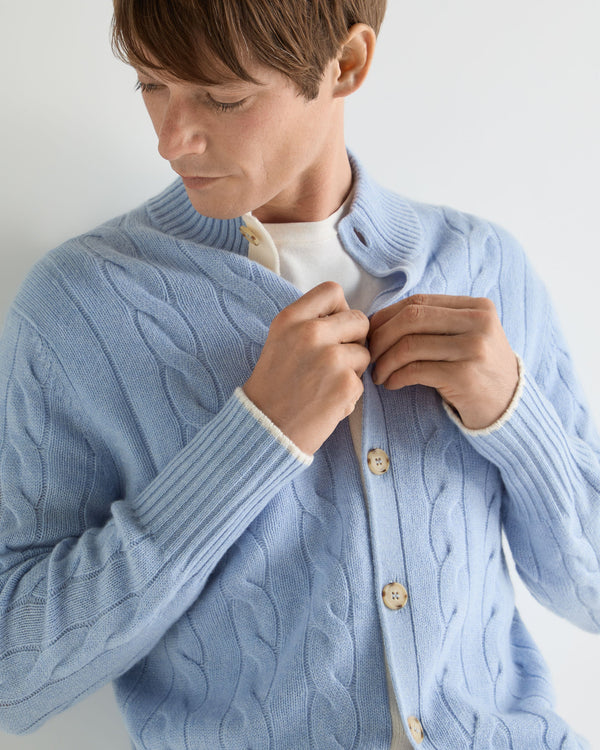 N.Peal Men's Jermyn Cable Full Button Cashmere Cardigan Sea Mist Blue