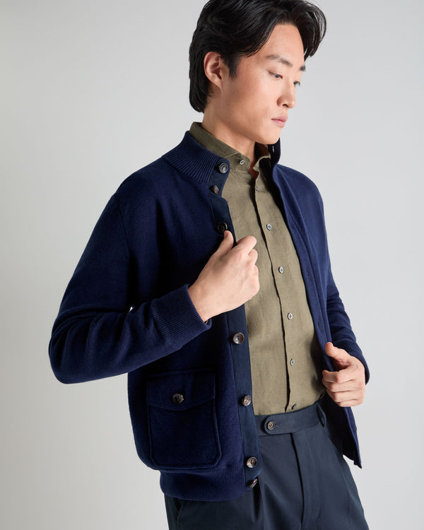 N.Peal Men's Button Through Cotton Blend Bomber Deep French Blue