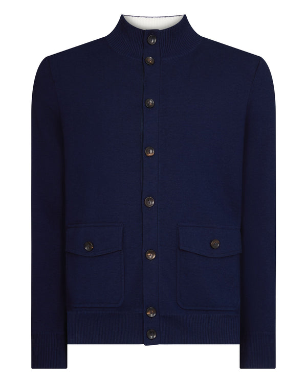 N.Peal Men's Button Through Cotton Blend Bomber Deep French Blue