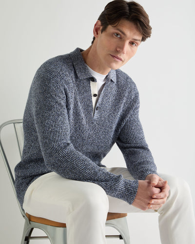 N.Peal Men's Rib Polo Cotton Blend Jumper Blue Marl