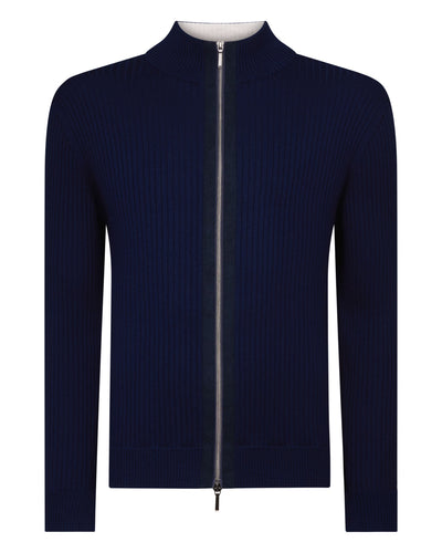 Men's Wide Rib Zip Through Cotton Blend Jumper Deep French Blue