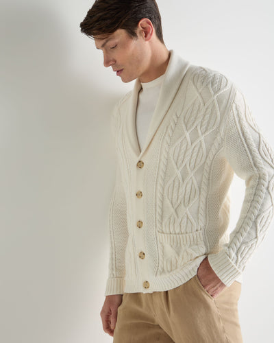 N.Peal Men's Cable Shawl Cotton Blend Cardigan New Ivory White