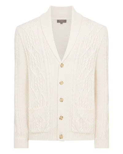 N.Peal Men's Cable Shawl Cotton Blend Cardigan New Ivory White