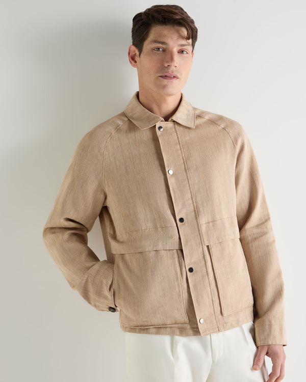 N.Peal Men's Raglan Linen Blend Herringbone Jacket Light Brown