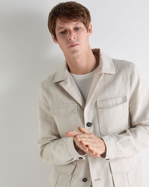 N.Peal Men's Linen Blend Herringbone Safari Jacket Chalk White