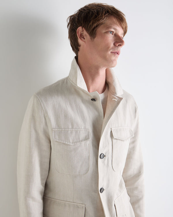 N.Peal Men's Linen Blend Herringbone Safari Jacket Chalk White