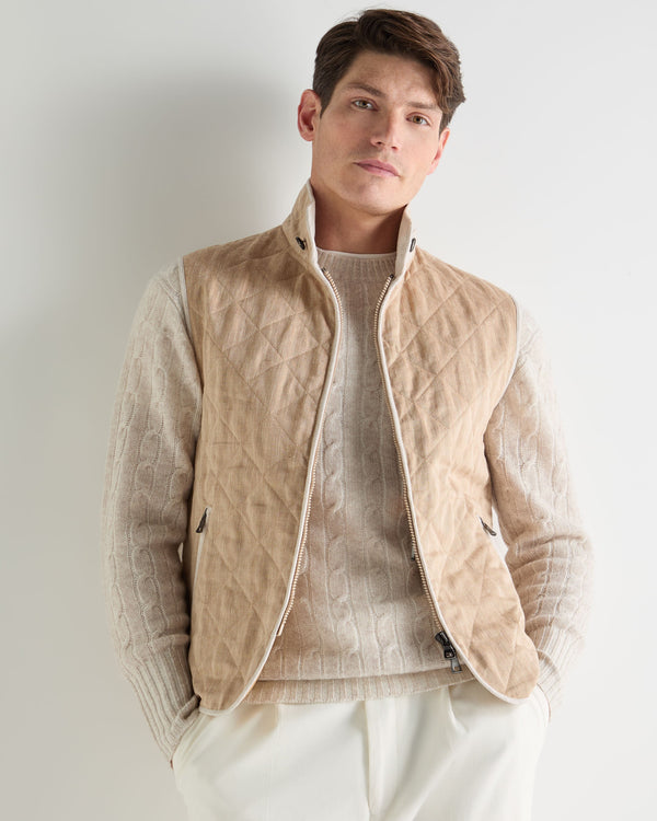 N.Peal Men's Herringbone Linen Blend Vest Light Brown