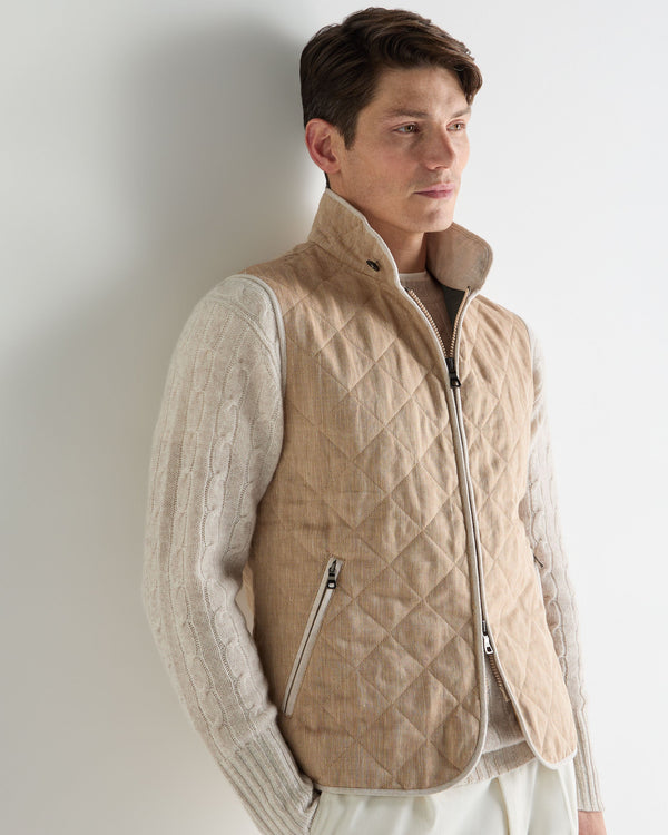 N.Peal Men's Herringbone Linen Blend Vest Light Brown