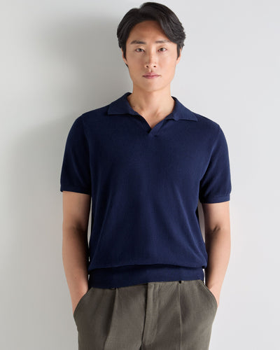 N.Peal Men's Pique Linen Blend Polo Deep French Blue