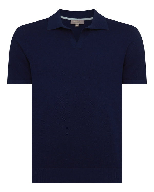 N.Peal Men's Pique Linen Blend Polo Deep French Blue