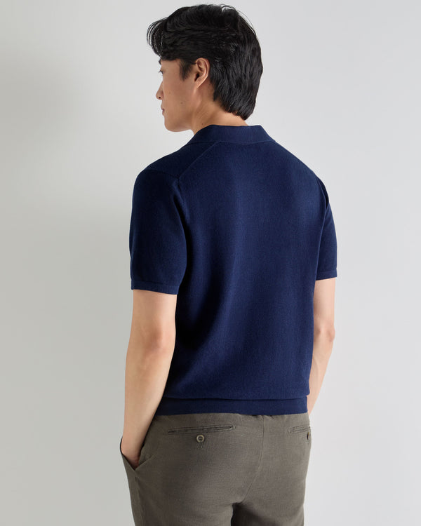 N.Peal Men's Pique Linen Blend Polo Deep French Blue