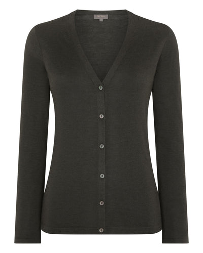 N.Peal Women's Mia Superfine Cashmere V Neck Cardigan Arabica Khaki Green