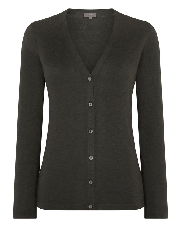 N.Peal Women's Mia Superfine Cashmere V Neck Cardigan Arabica Khaki Green