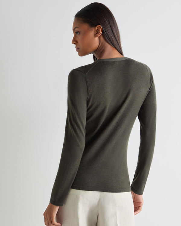 N.Peal Women's Mia Superfine Cashmere V Neck Cardigan Arabica Khaki Green