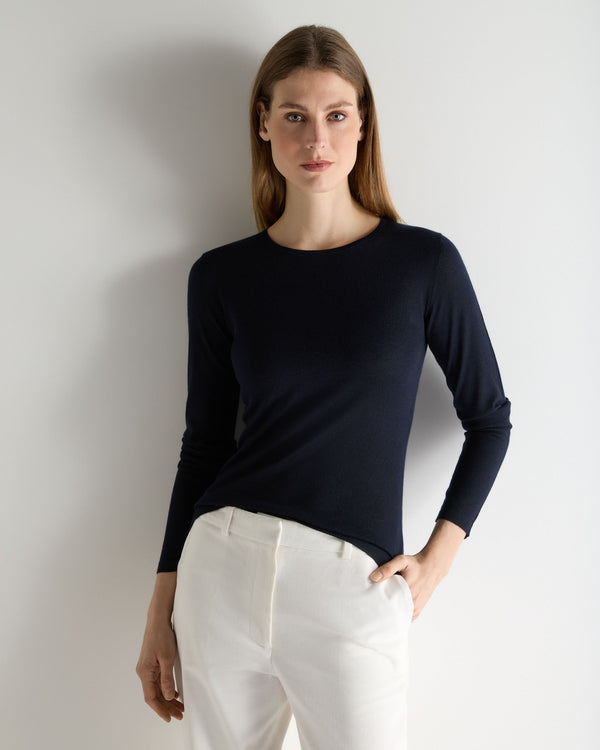 N.Peal Women's Eden Superfine Cashmere Round Neck Top Navy Blue