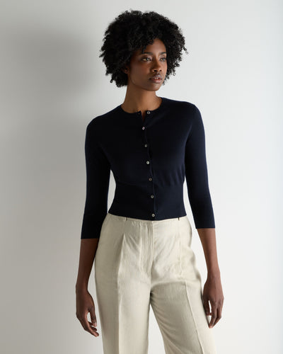 N.Peal Women's Darcie Superfine Cashmere Cropped Cardigan Navy Blue