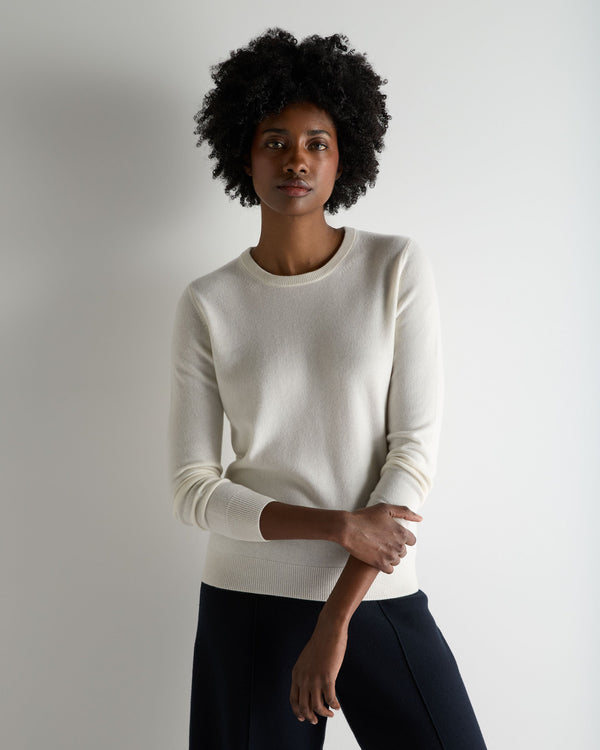N.Peal Women's Evie Classic Round Neck Cashmere Jumper New Ivory White