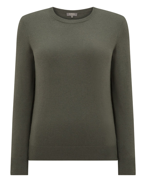 N.Peal Women's Evie Classic Round Neck Cashmere Jumper Olive Green