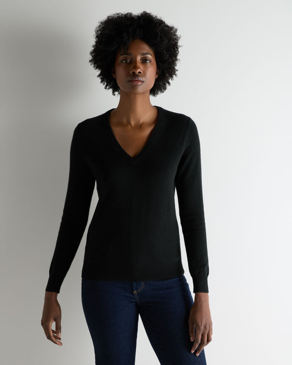 N.Peal Women's Phoebe V Neck Cashmere Jumper Black